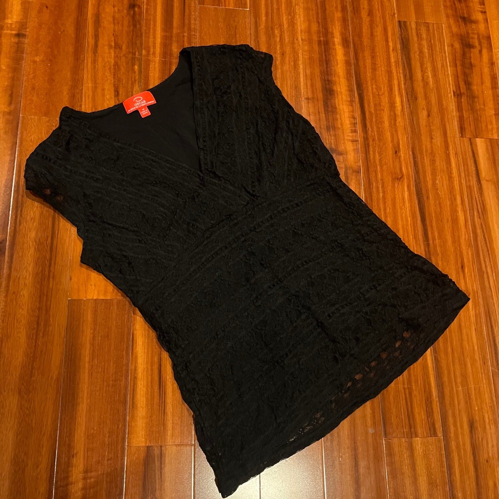 Oscar de la Renta Y2K Top Black Lace‎ V-Neck Sleeveless Cap Sleeve Size Medium